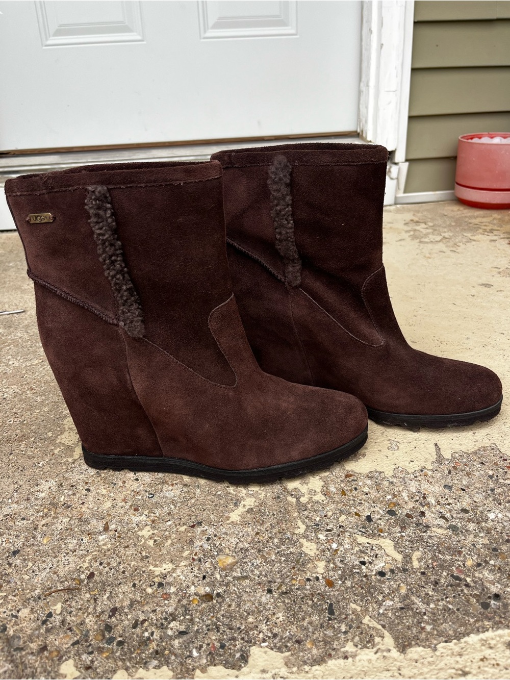 New UGG Dark Brown Suede Wedge Booties with Lamb Trim